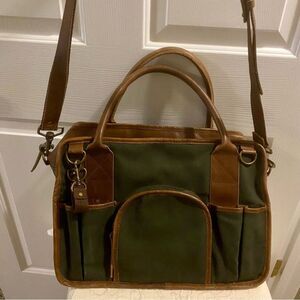 United By Blue Laptop Work Bag Green Brown Leather 100% Organic Cotton